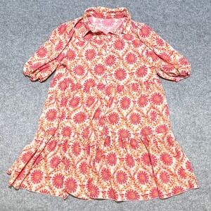 Pink Orange Sunburst Print Tiered Button Down Mini Dress Large Boho Travel